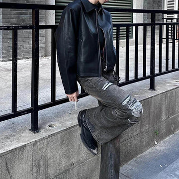 AIDASE  -  Men Clothing Classic Solid Color Leather Jackets For Men's Fall Vintage Outerwear Trendy Zip-up Turn-down Collar PU Leather Coat aidase-shop